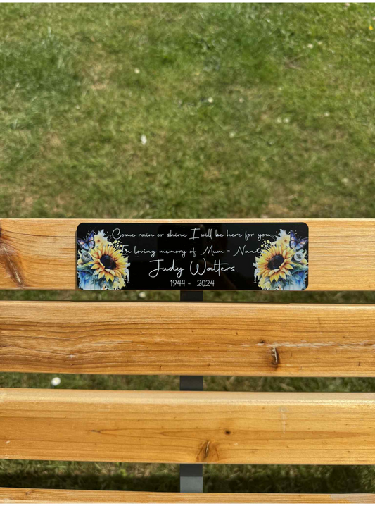 Sunflower with butterfly memorial bench plaque