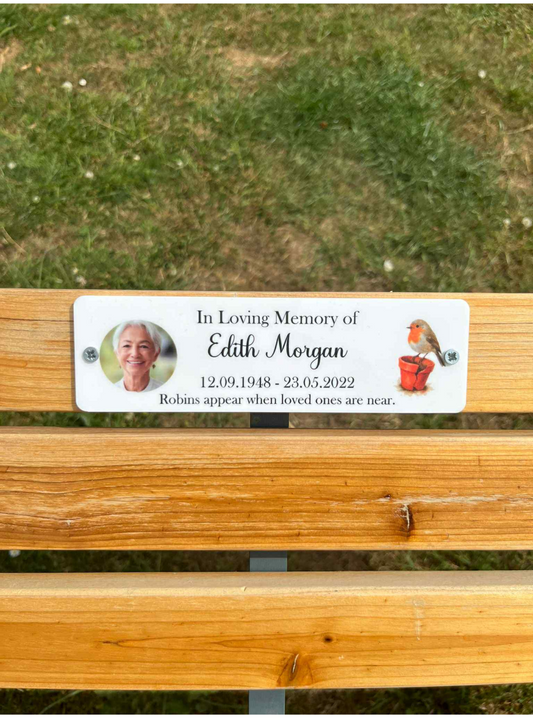 Robin photo memorial bench plaque