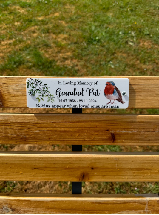 Robins appear memorial bench plaque