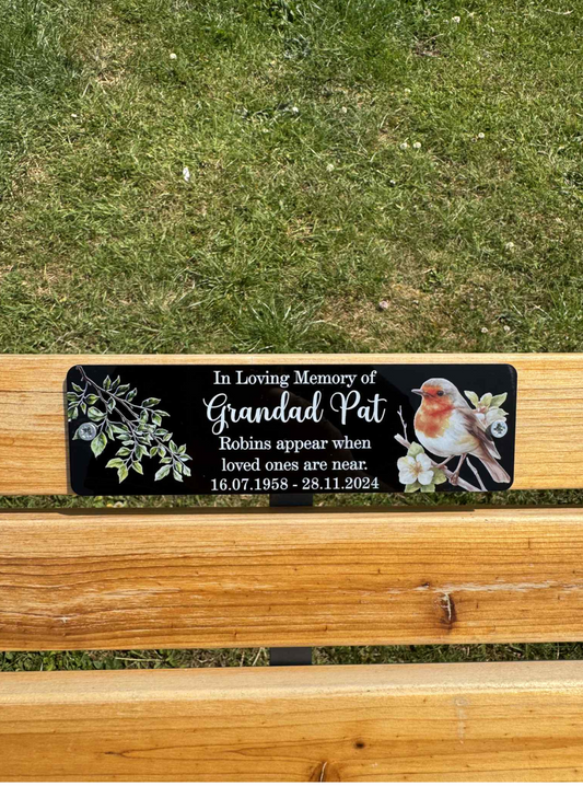 Robins appear memorial bench plaque