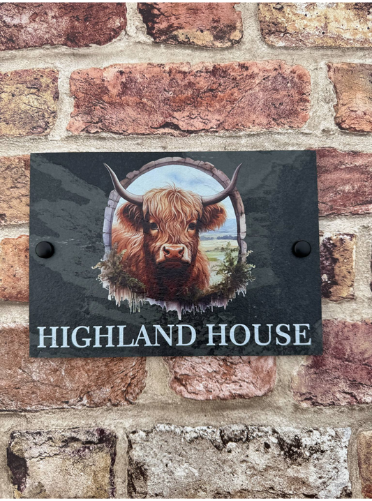 Highland cow slate house sign