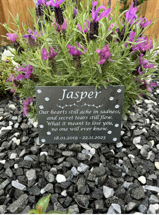 Pet memorial slate our hearts still ache in sadness.