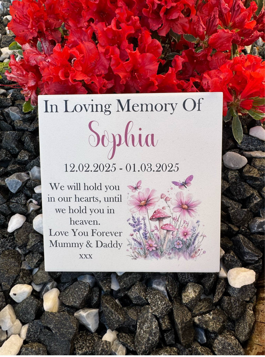 Pink floral butterfly memorial tile