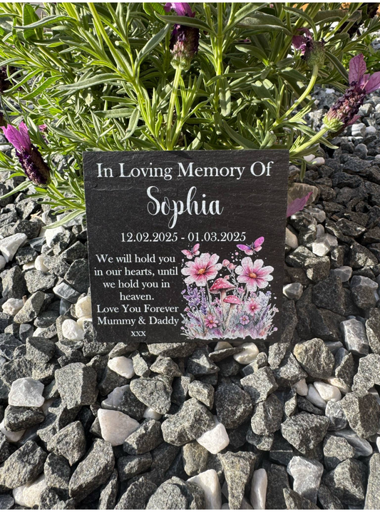 Pink floral butterfly memorial slate