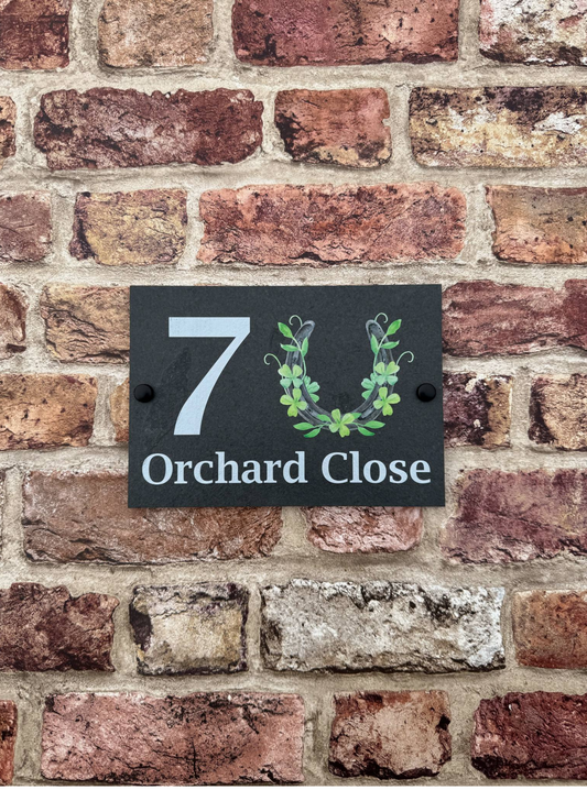 Four leaf clover horse shoe slate house sign