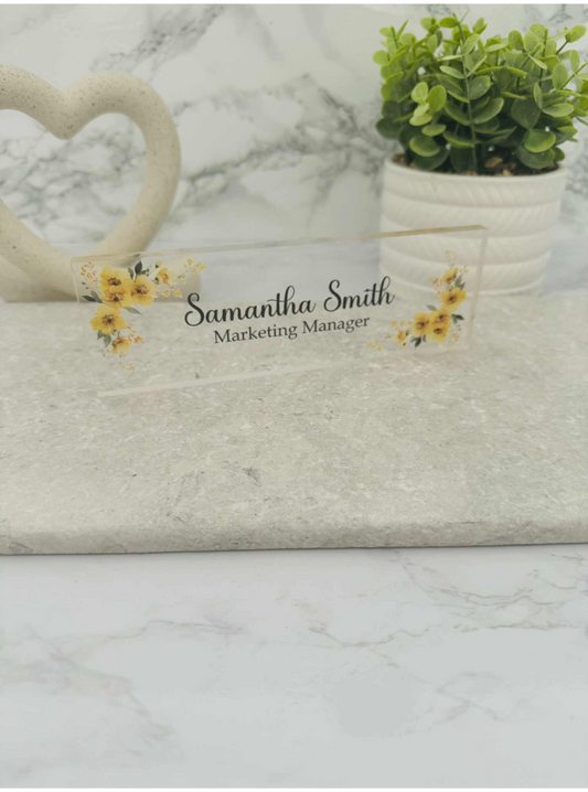 Yellow flowers acrylic desk top name