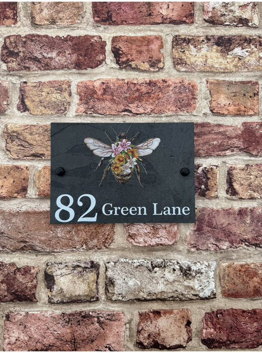 Floral bee slate house sign