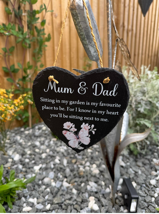 Sitting in my garden hanging heart slate memorial
