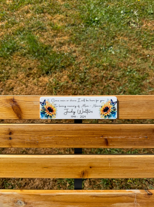Sunflower with butterfly memorial bench plaque