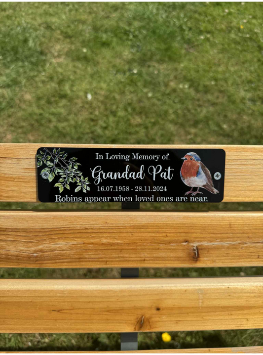Robins appear memorial bench plaque
