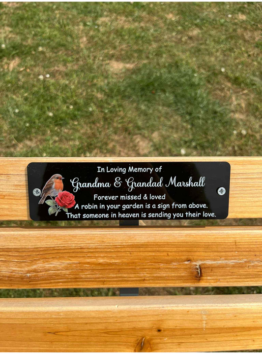 Robin with rose memorial bench plaque