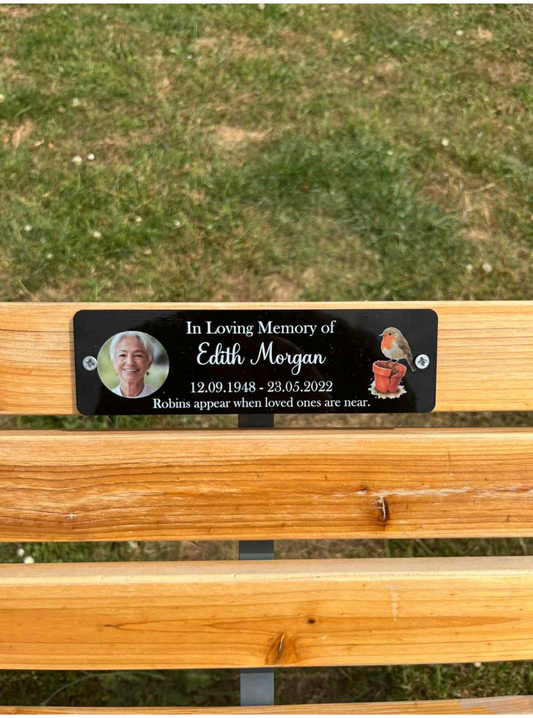 Robin photo memorial bench plaque