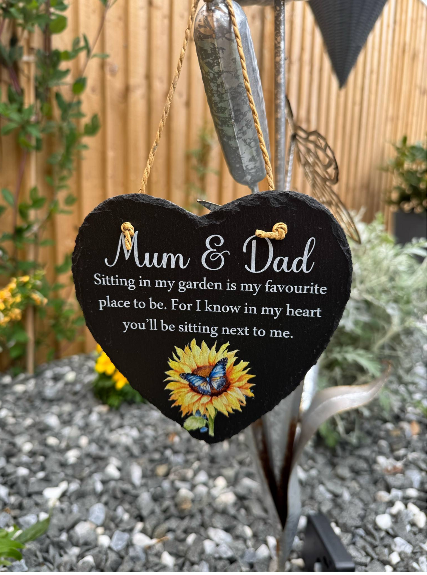 Sitting in my garden hanging heart slate memorial