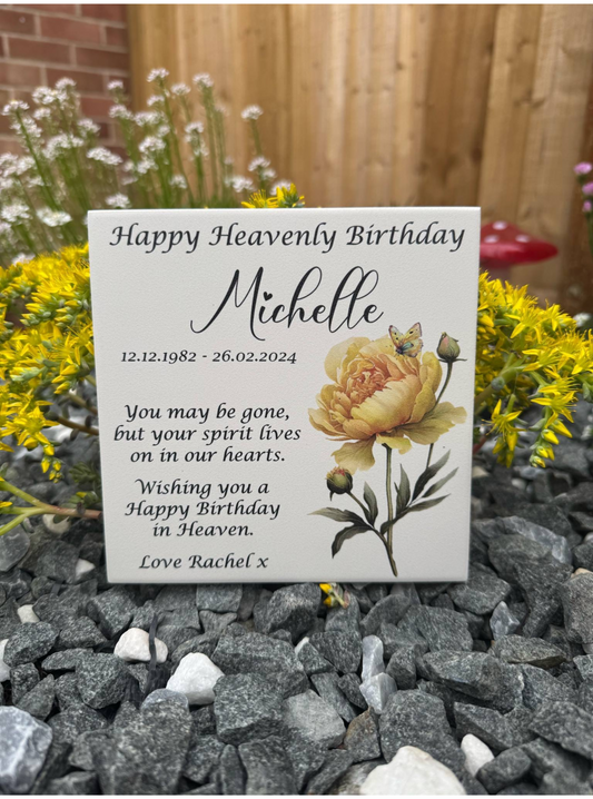Happy Heavenly Birthday yellow rose memorial tile