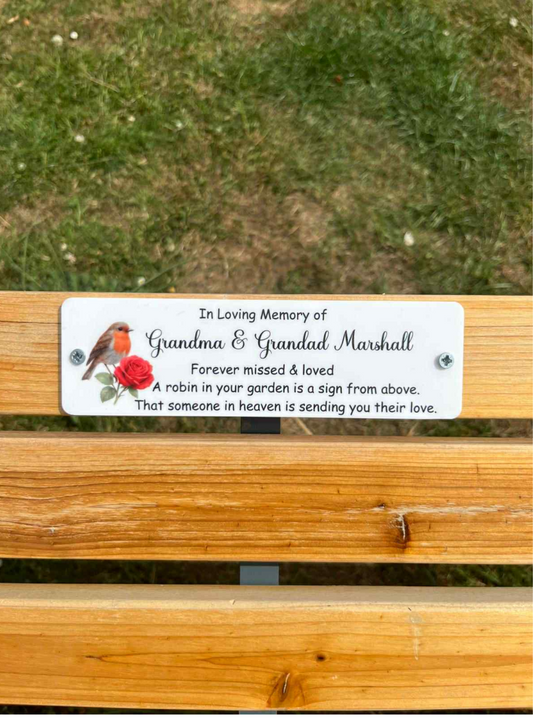 Robin with rose memorial bench plaque