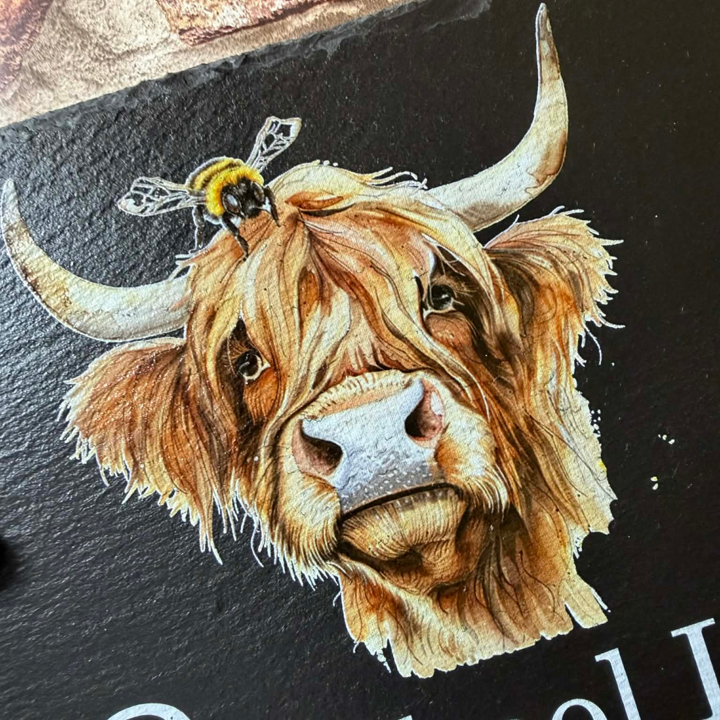 Highland cow with bee slate house sign