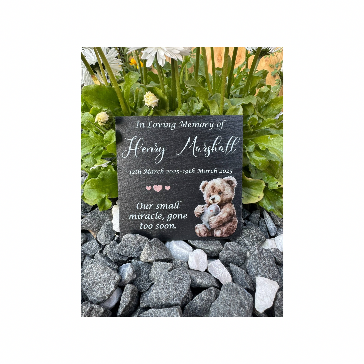 Teddy bear child’s slate memorial