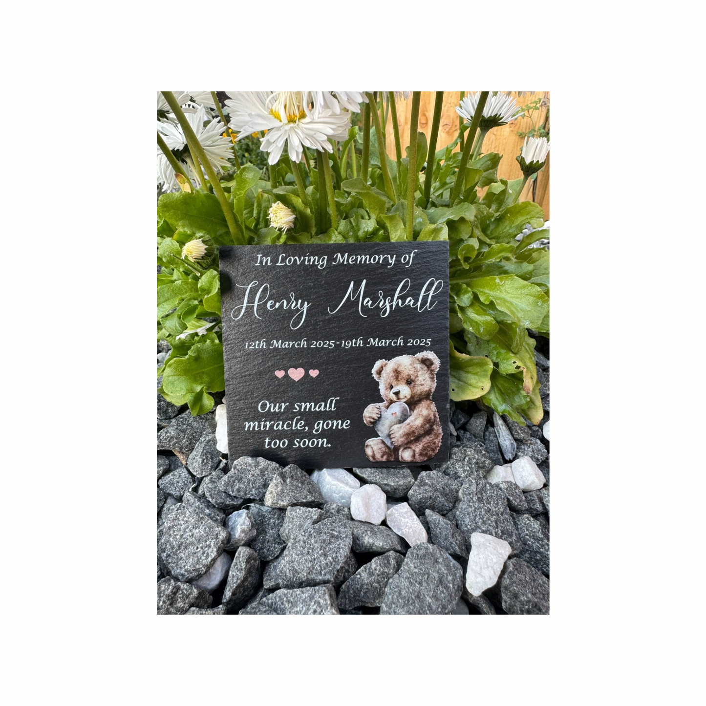 Teddy bear child’s slate memorial