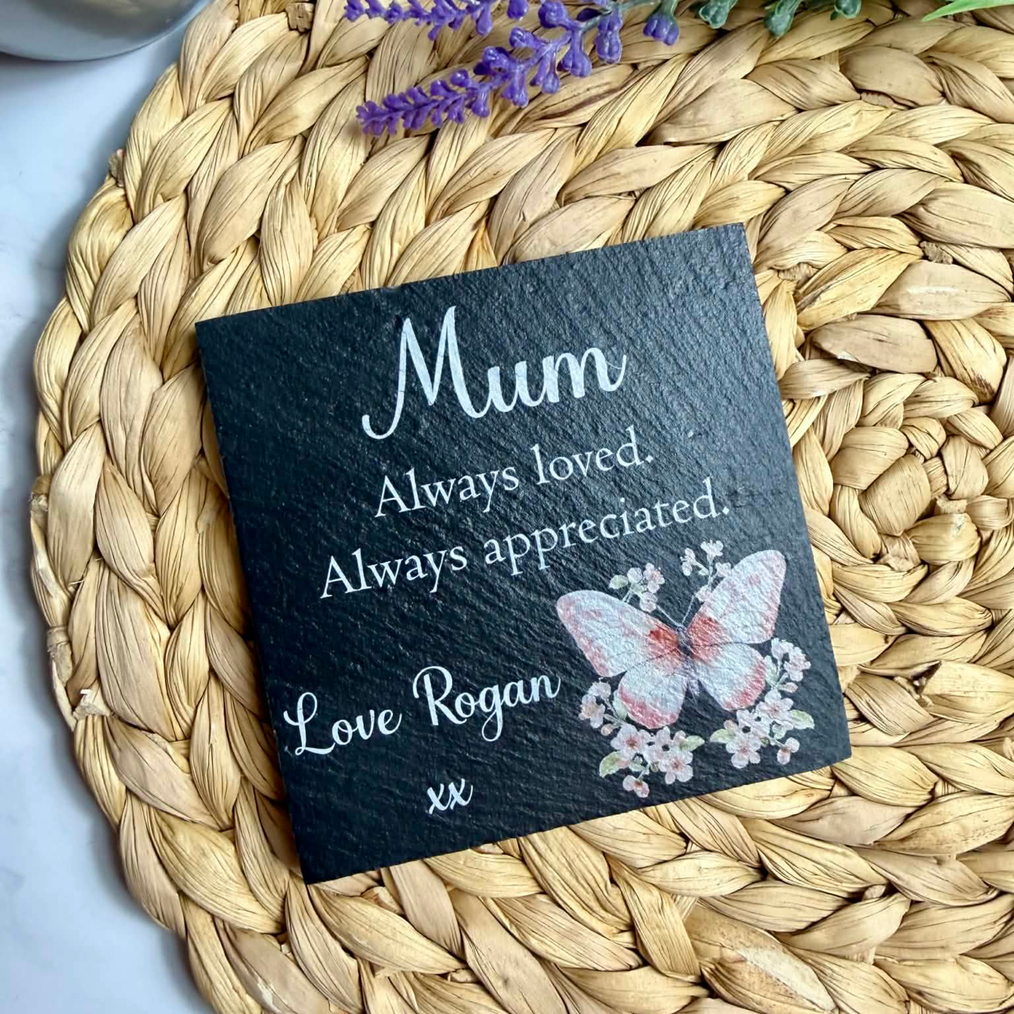 Personalised always loved, always appreciated butterfly slate coaster