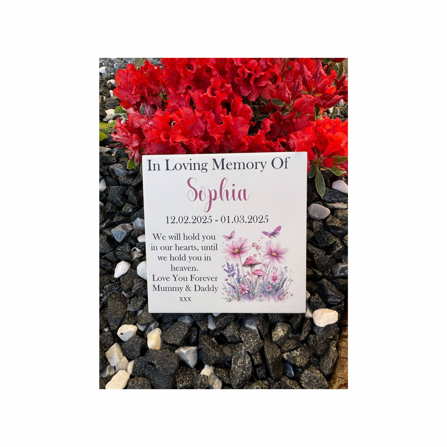 Pink floral butterfly memorial tile