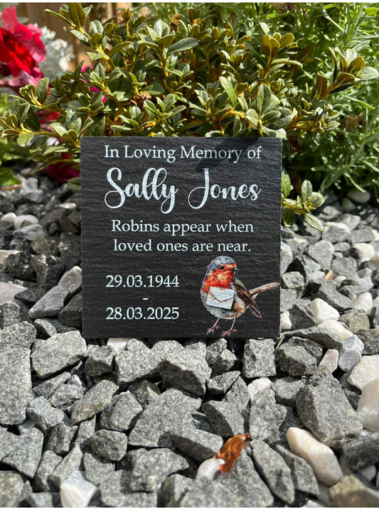 Robin with letter slate memorial