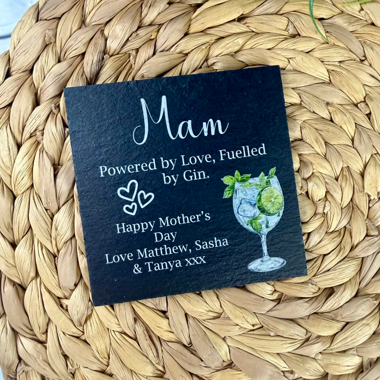 Personalised powered by love, fuelled by gin slate coaster