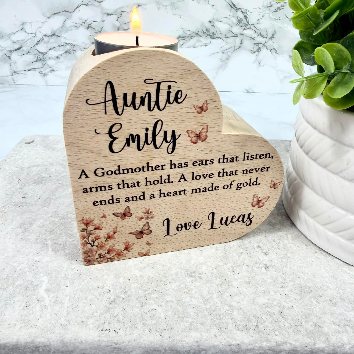 Personalised Godmother heart tealight holder