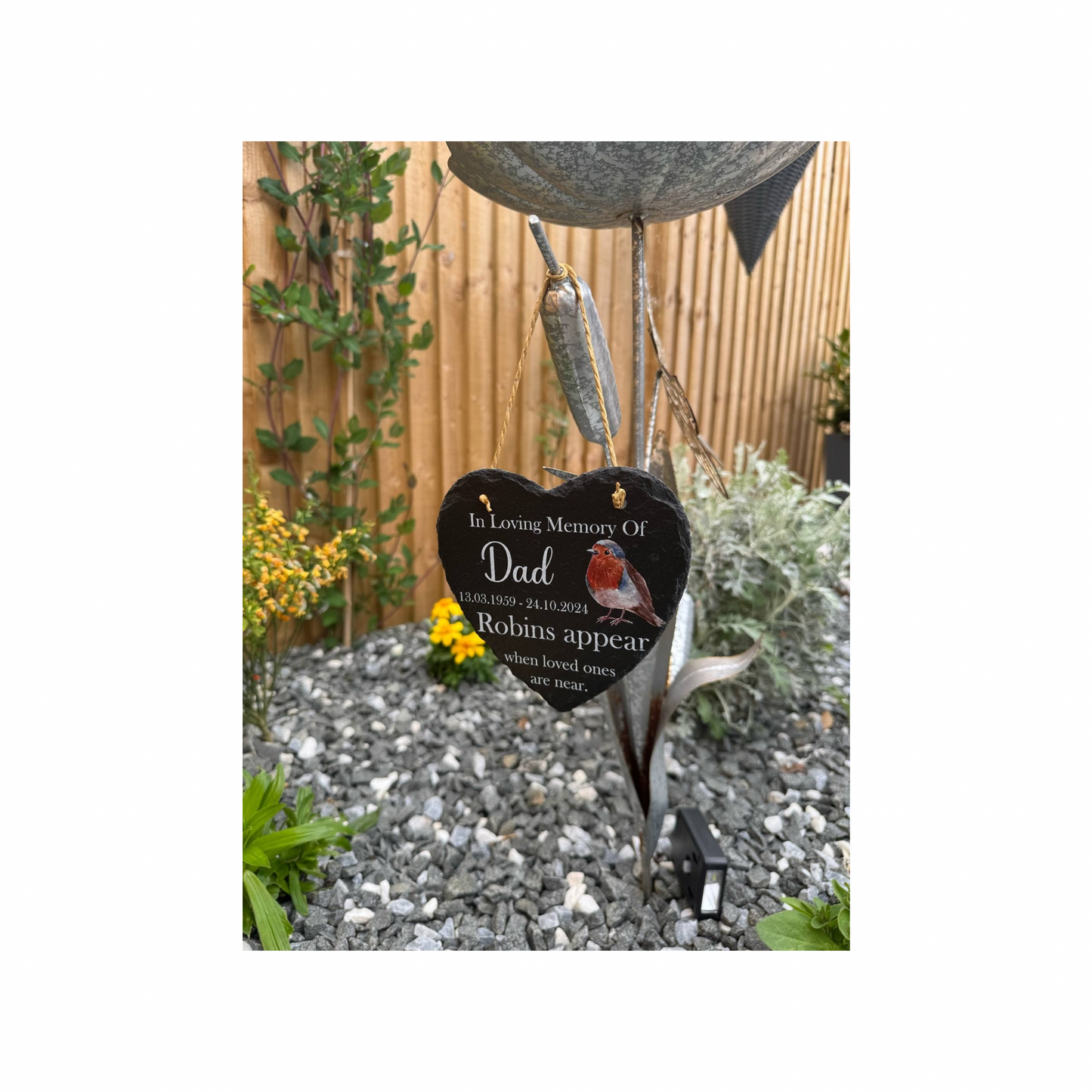 Robins appear when loved ones are near hanging heart slate memorial