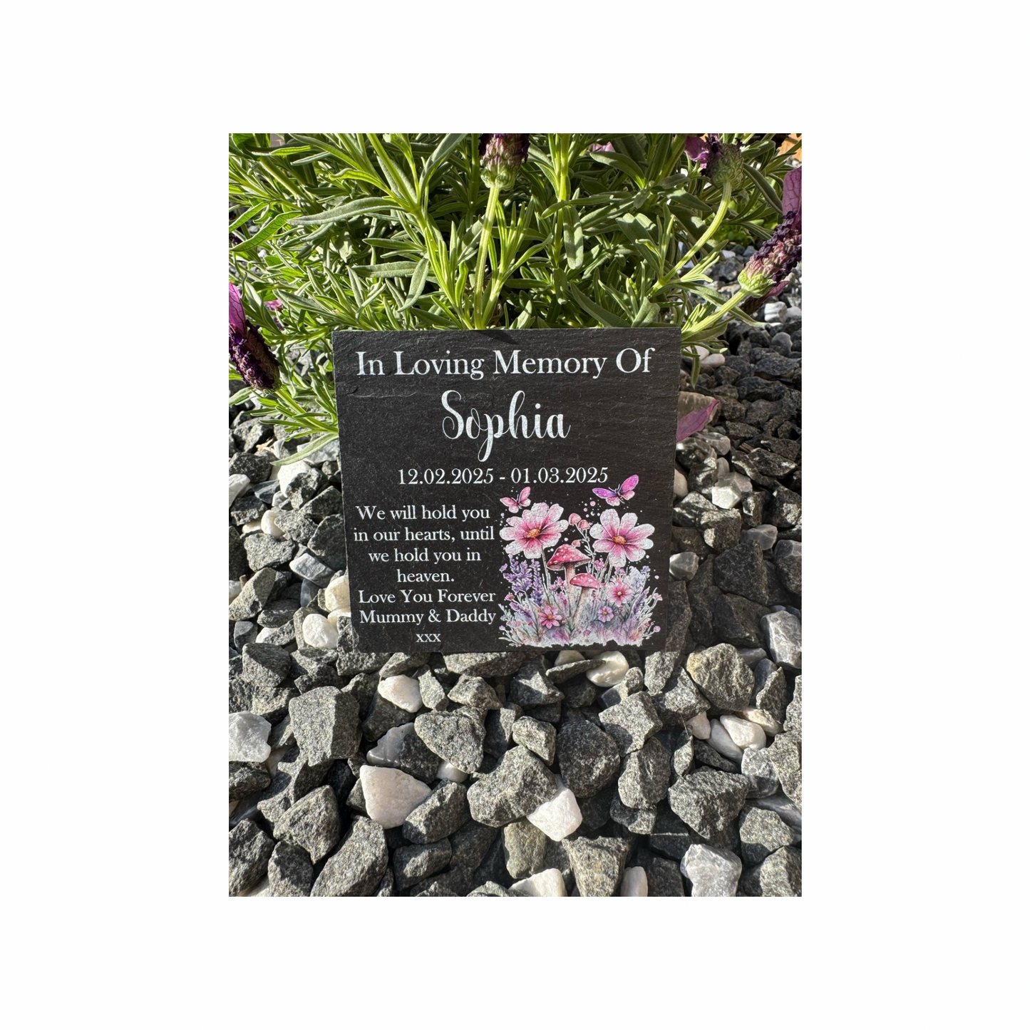Pink floral butterfly memorial slate