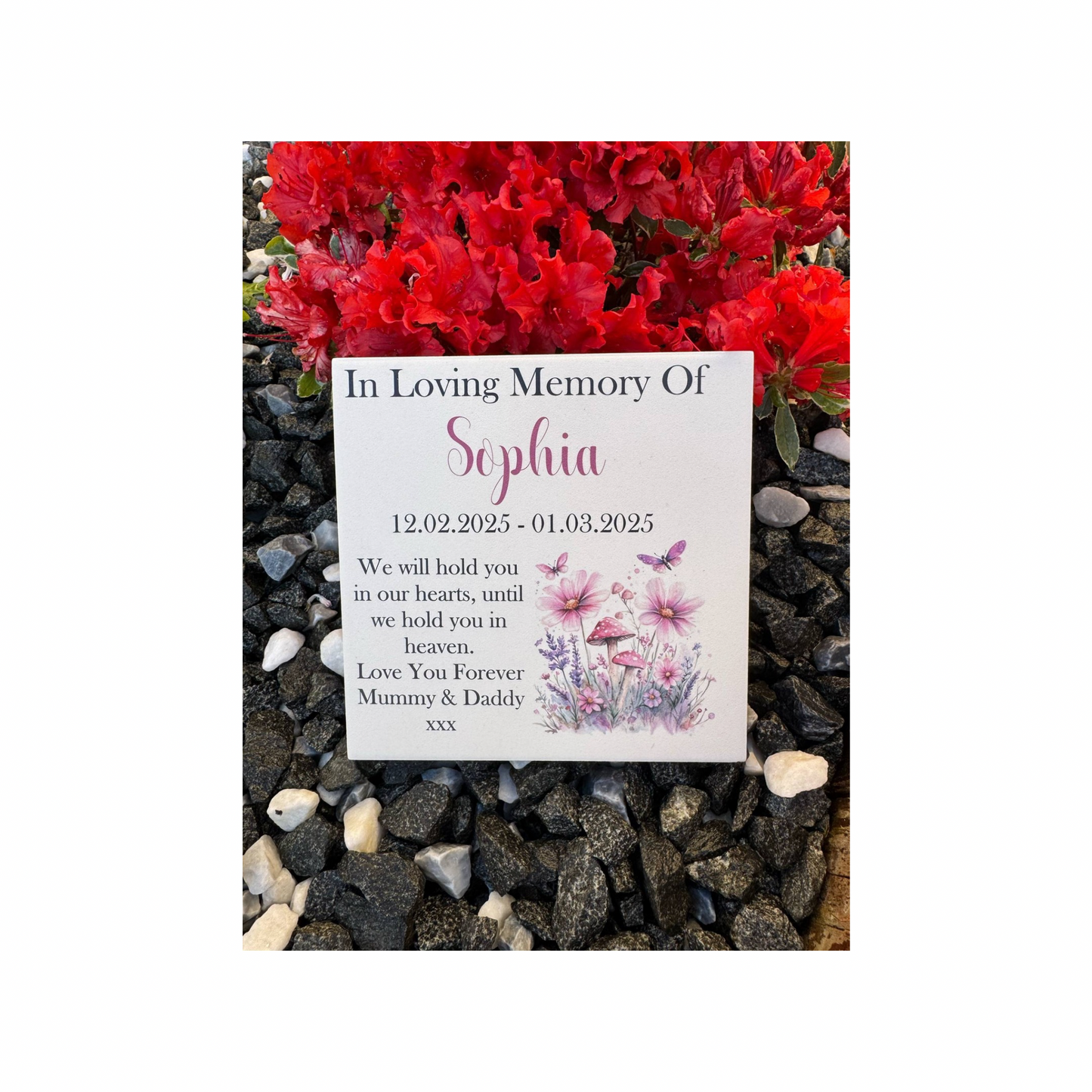 Pink floral butterfly memorial tile
