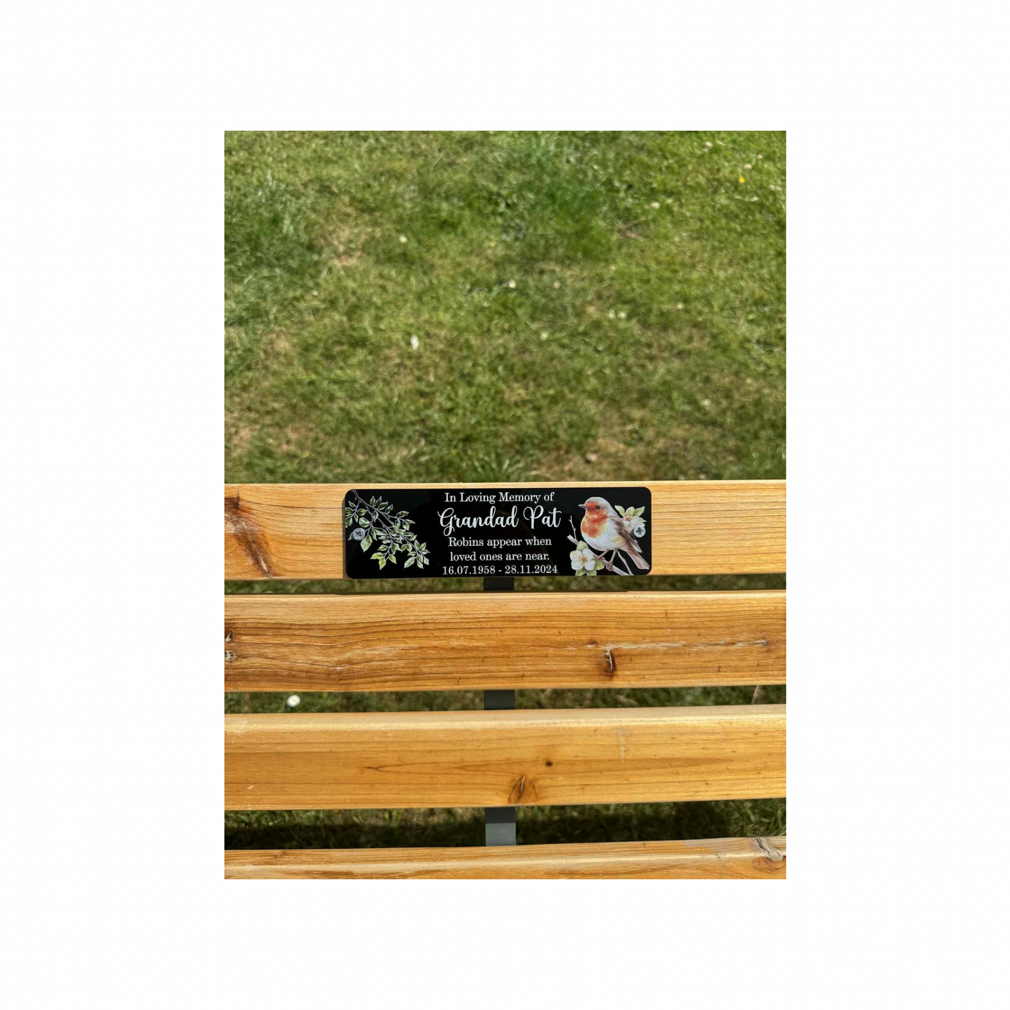 Robins appear memorial bench plaque