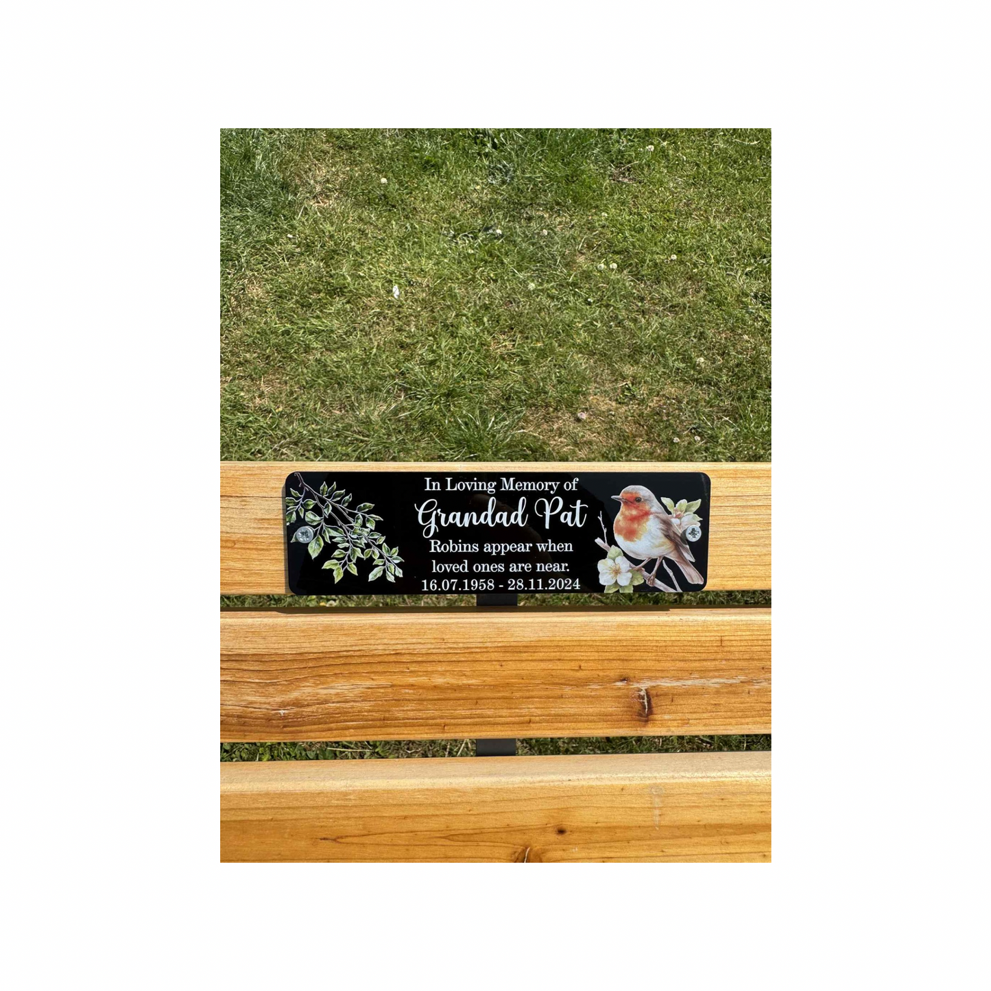 Robins appear memorial bench plaque