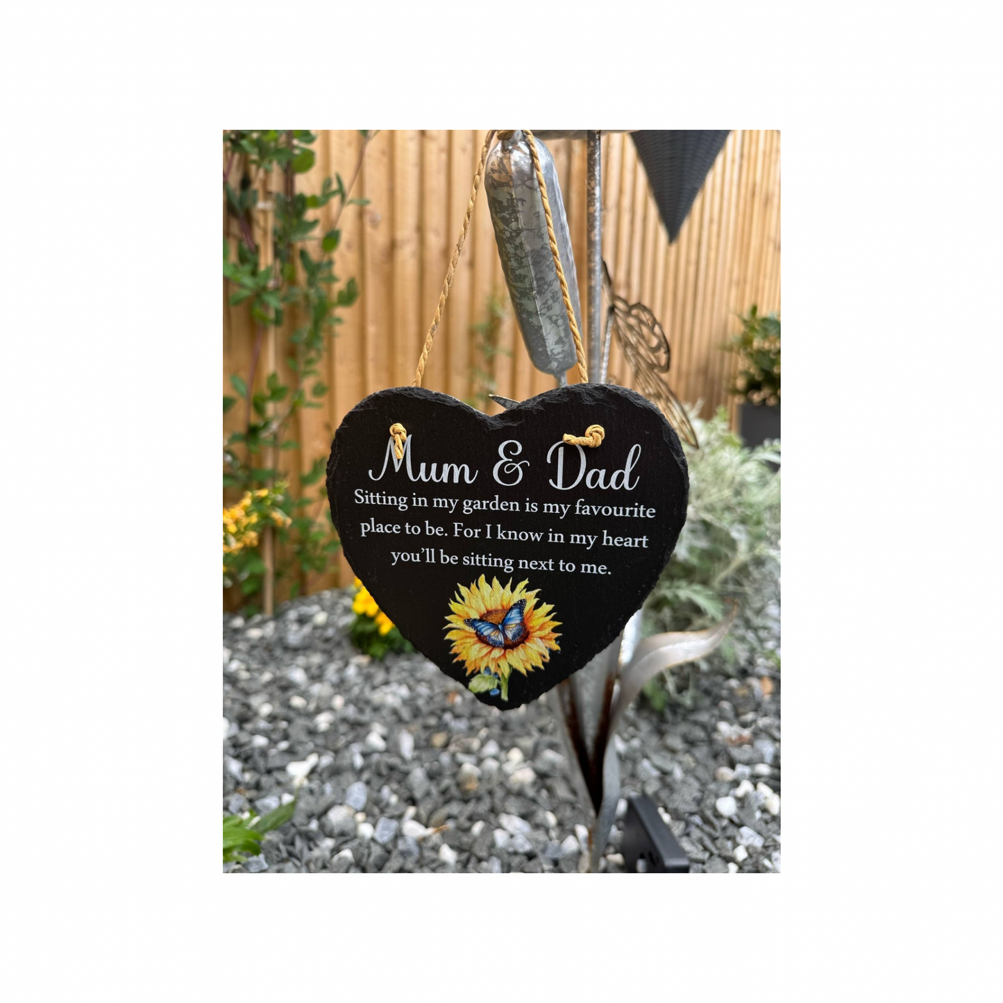 Sitting in my garden hanging heart slate memorial