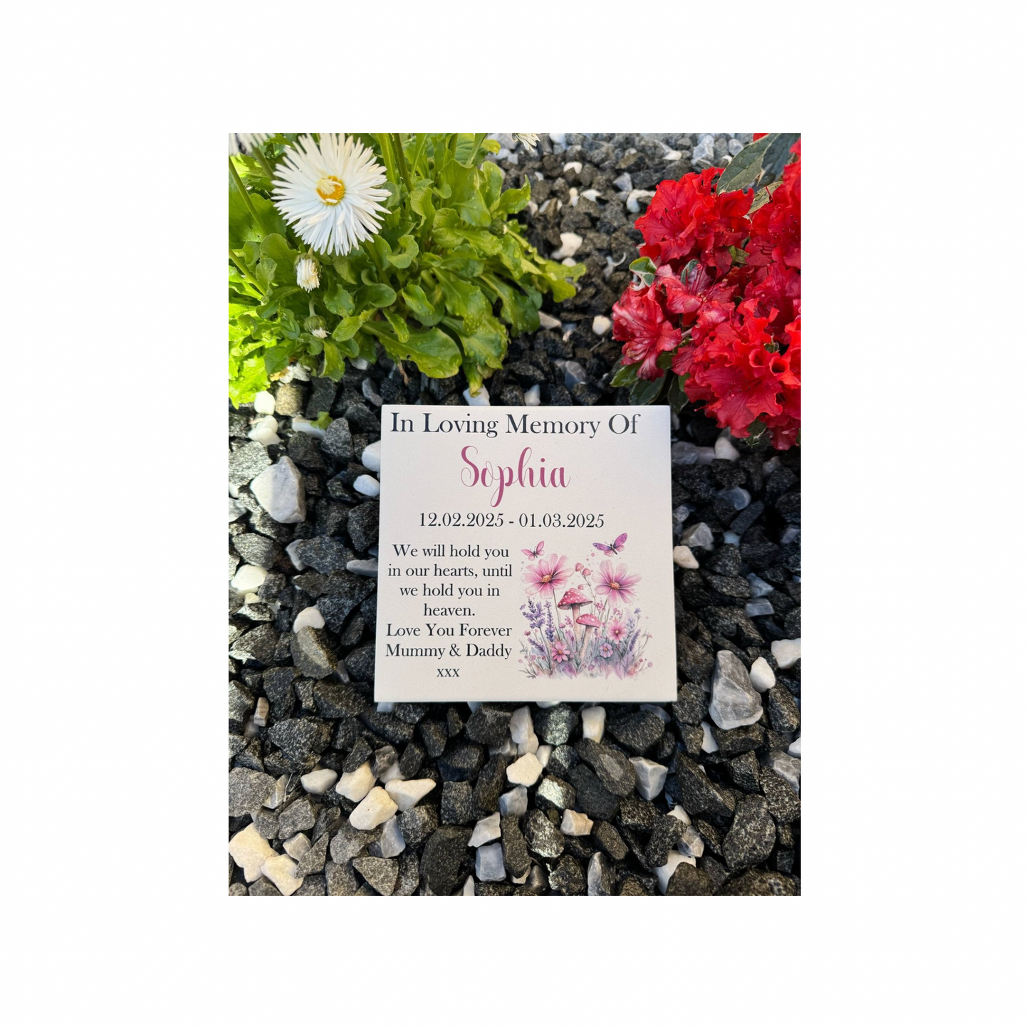 Pink floral butterfly memorial tile