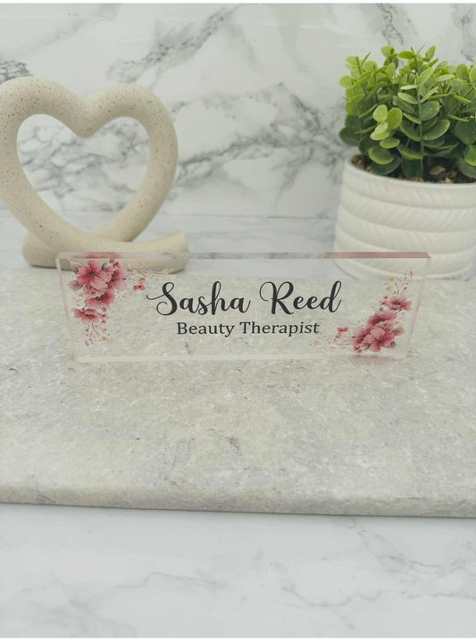 Pink flowers acrylic desk top name plaque