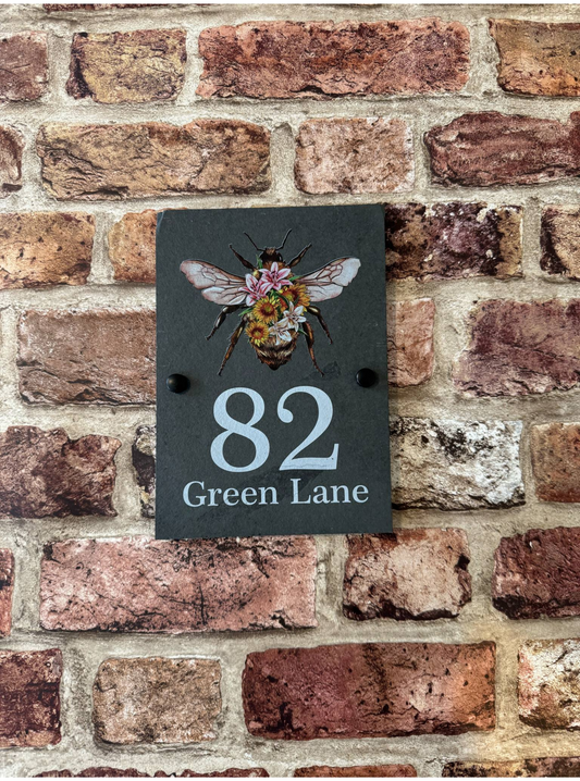 Floral bee slate house sign