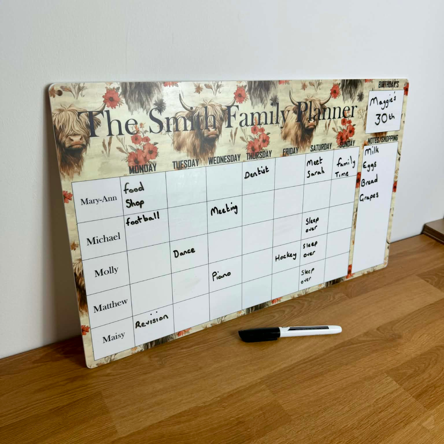 Personalised highland cow wipeable family planner