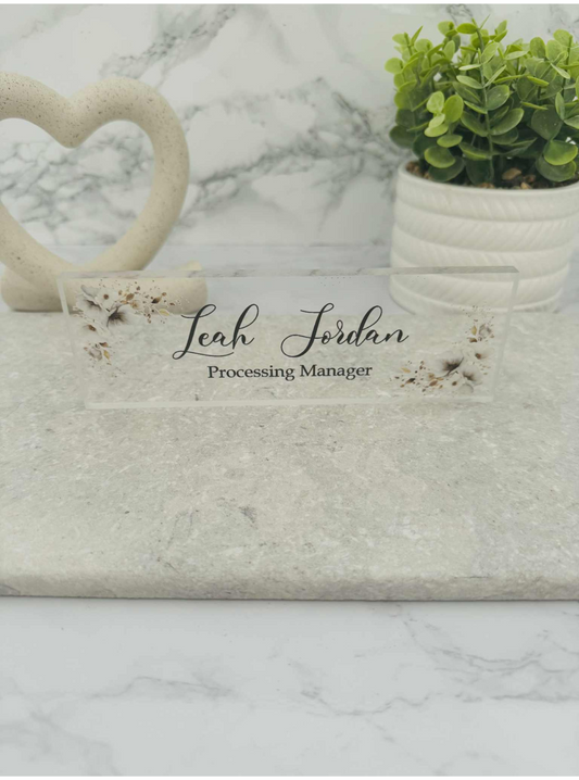 White flowers acrylic desk top name plaque