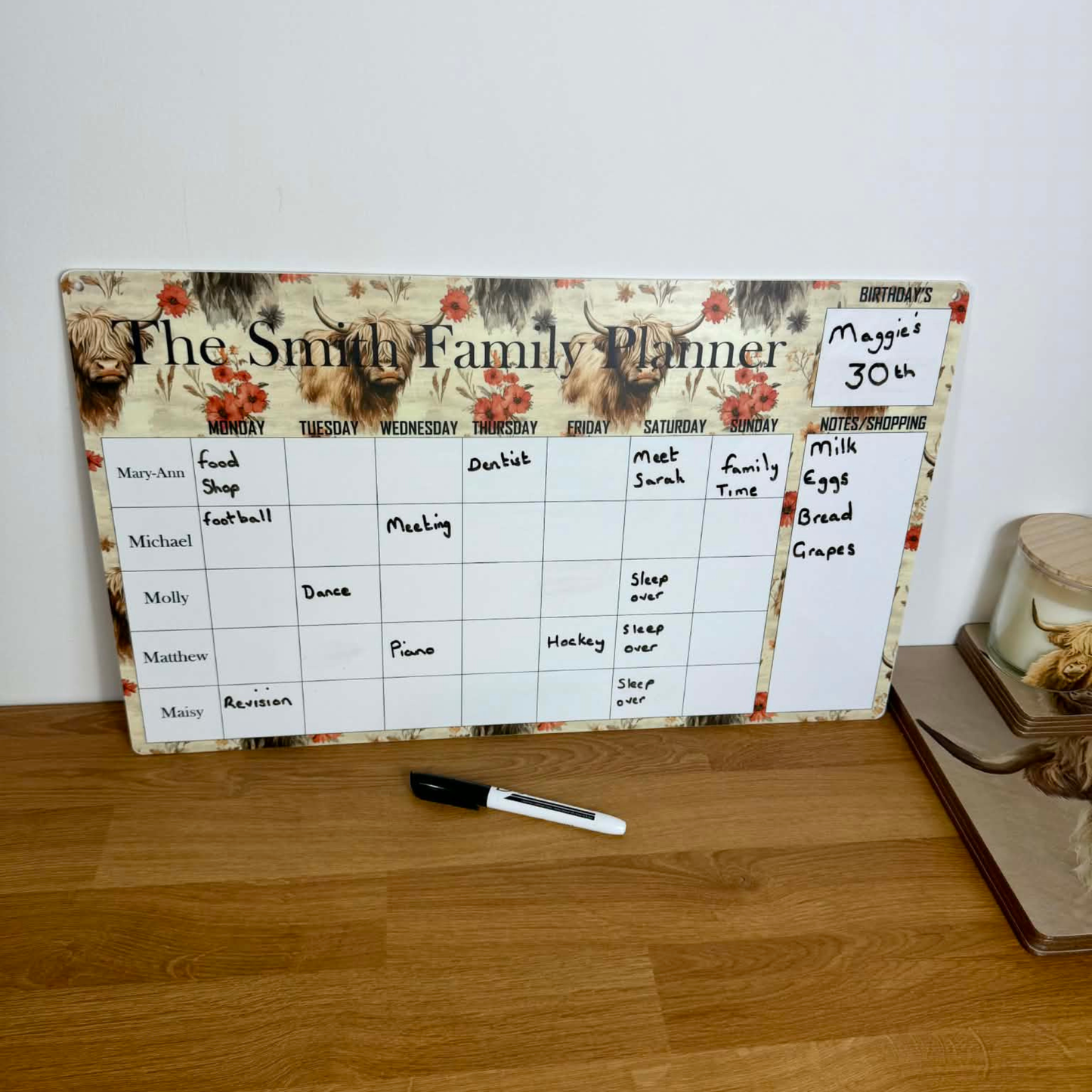 Personalised highland cow wipeable family planner
