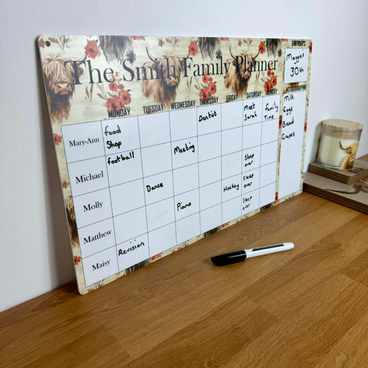 Personalised highland cow wipeable family planner