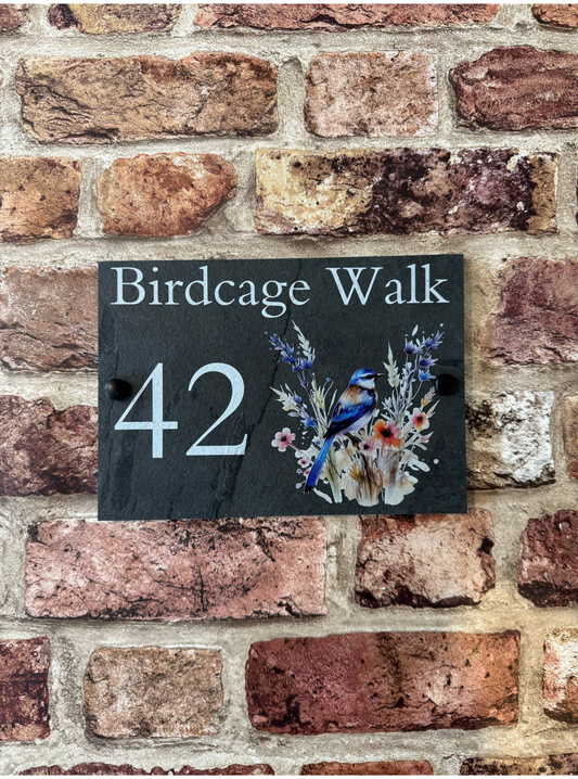 Wild flowers with bird slate house sign