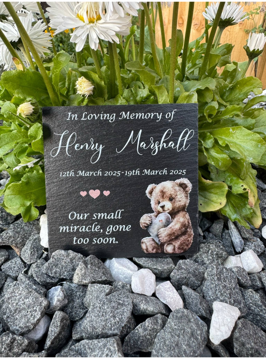 Teddy bear child’s slate memorial