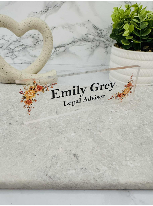 Orange flowers acrylic desk top name plaque