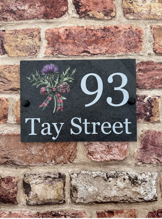 Thistle, tartan ribbon slate house sign
