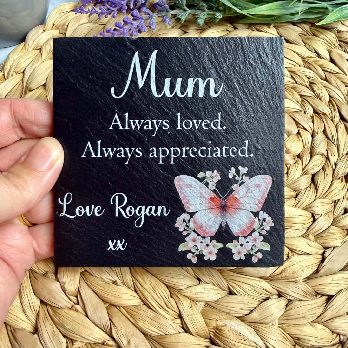 Personalised always loved, always appreciated butterfly slate coaster