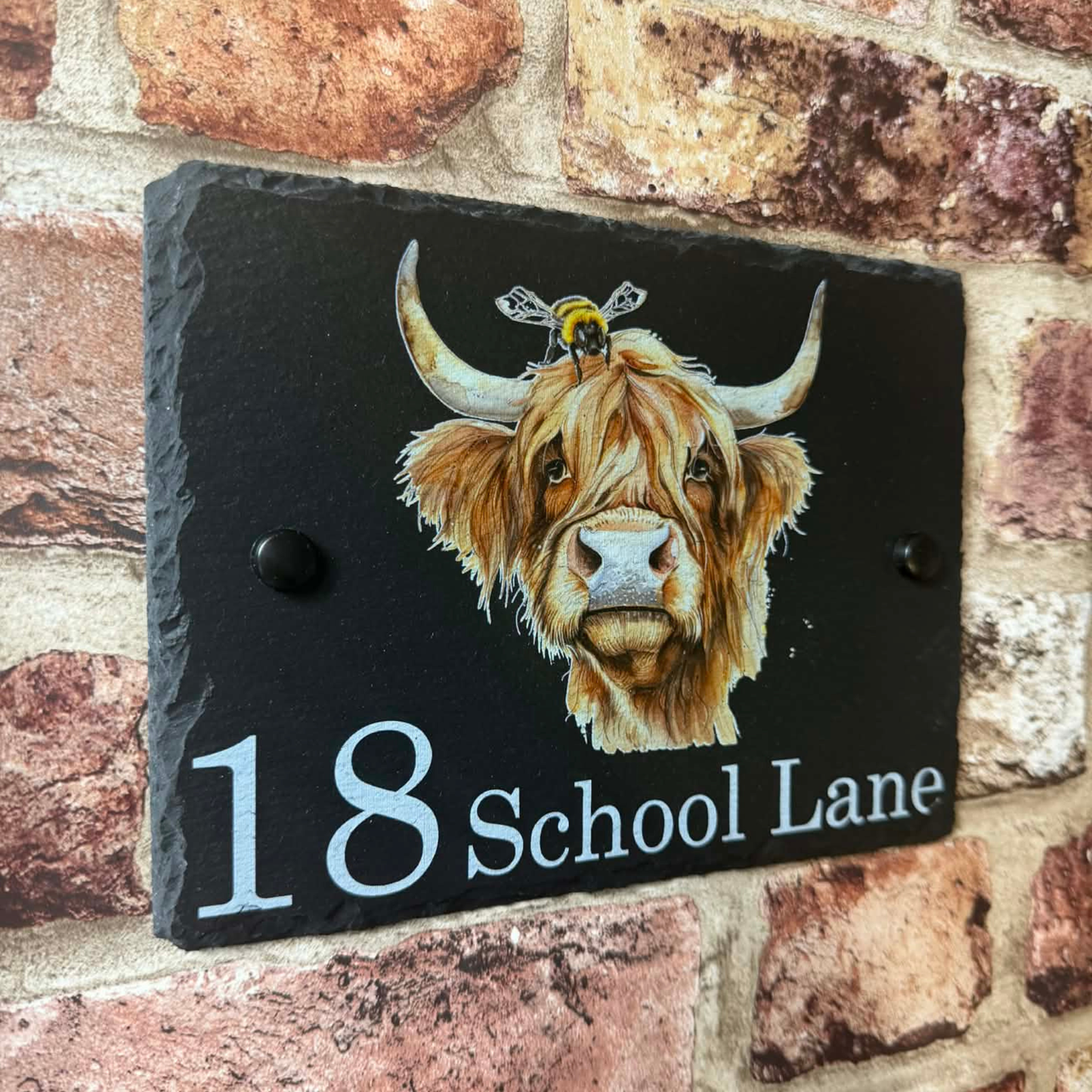Highland cow with bee slate house sign