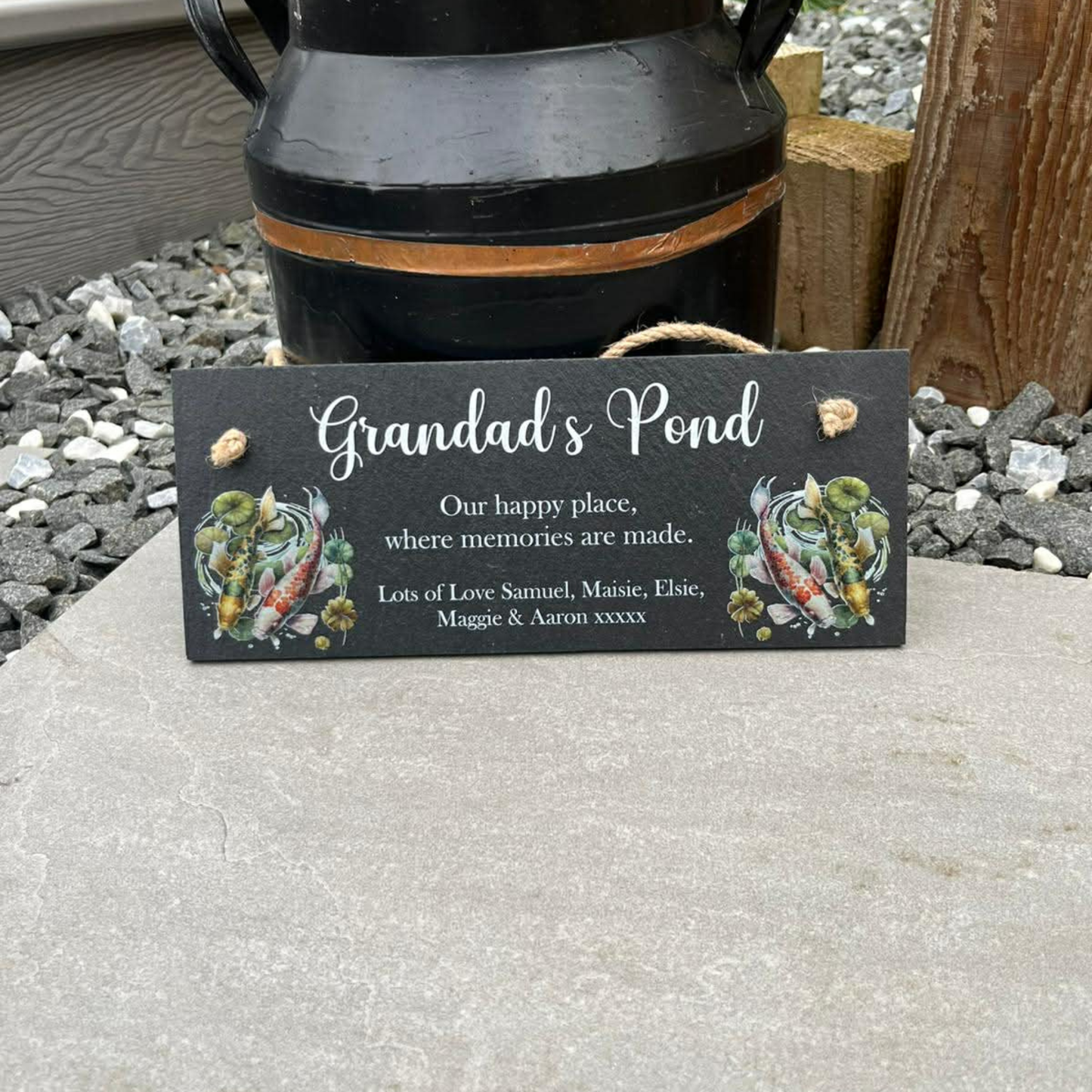 Our happy place pond hanging slate sign.