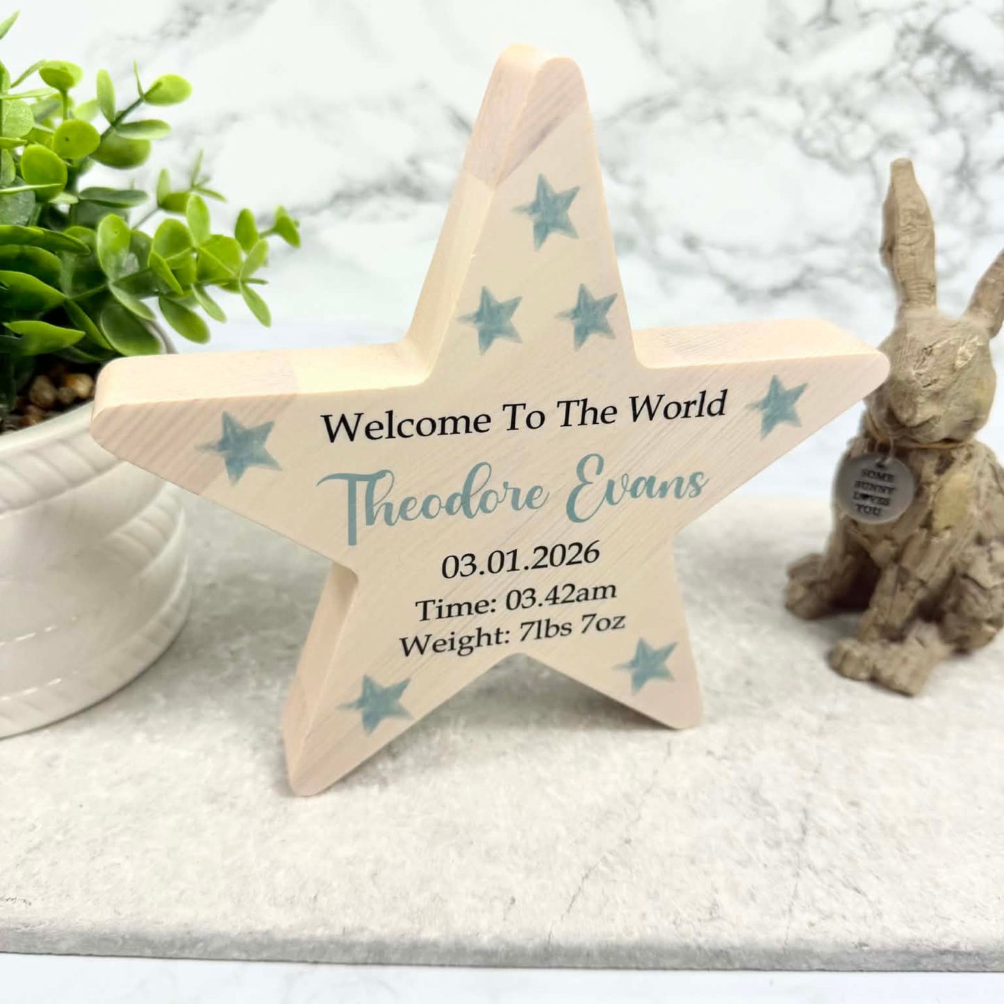 Personalised welcome to the world freestanding wooden star baby arrival sign