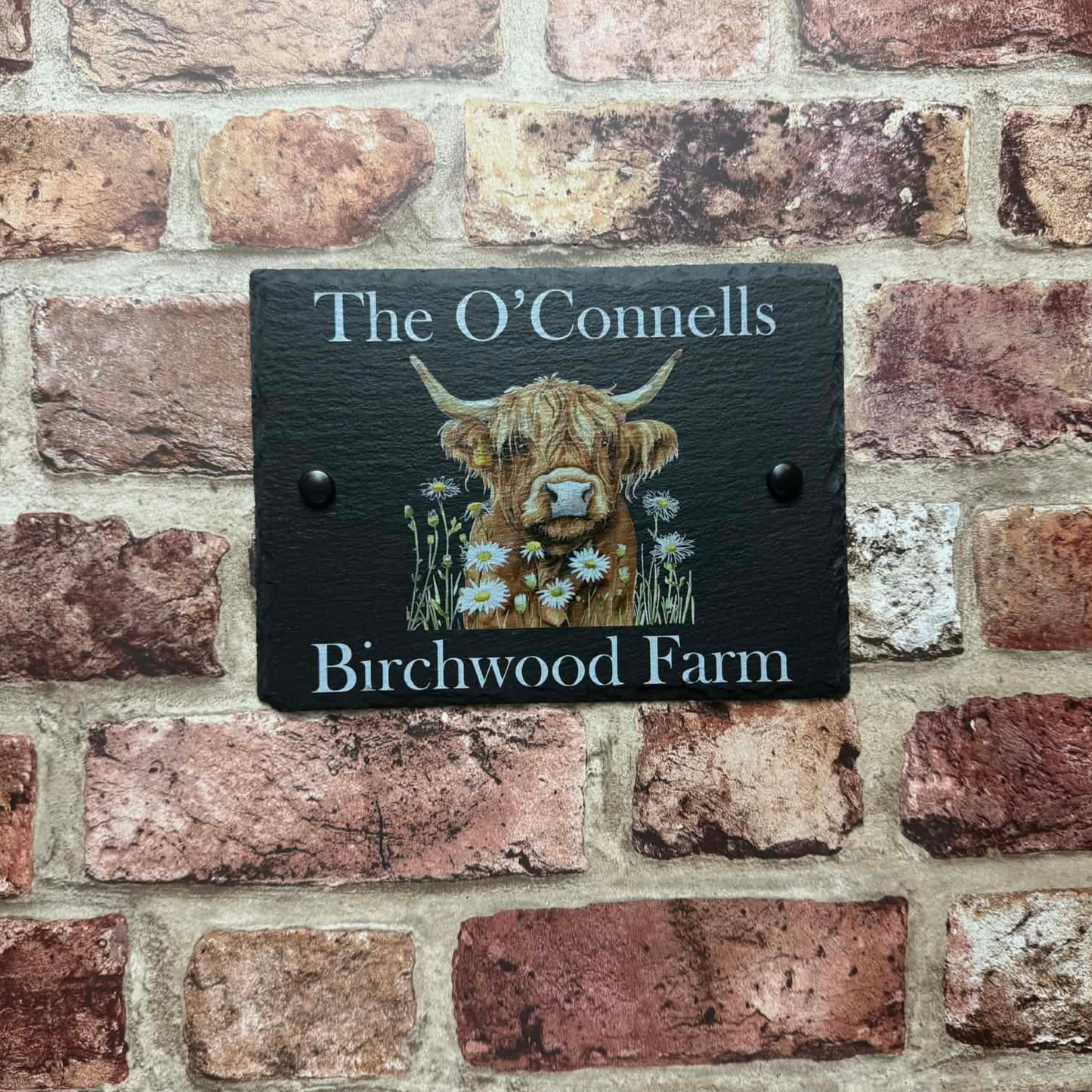 Highland cow with flowers slate house sign