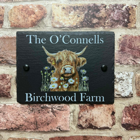 Highland cow with flowers slate house sign